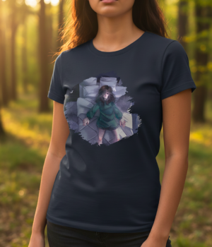 Originální tričko s autorskou ilustrací dívky ležící v posteli uprostřed noci, která nemůže usnout. Jemný a autentický motiv zachycující ticho, neklid a proud myšlenek.