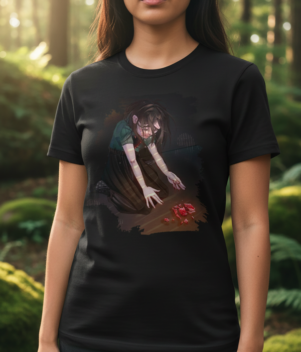 Originální tričko s autorskou ilustrací dívky sedící na podlaze, která se snaží posbírat rozbité srdce. Jemný a hluboký motiv o ztrátě, síle a postupném uzdravování.