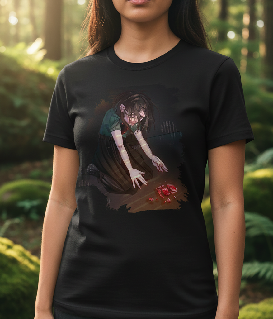 Tričko s autorskou ilustrací dívky sedící na podlaze, která se snaží posbírat rozbité srdce. Jemný a hluboký motiv o ztrátě, síle a postupném uzdravování.