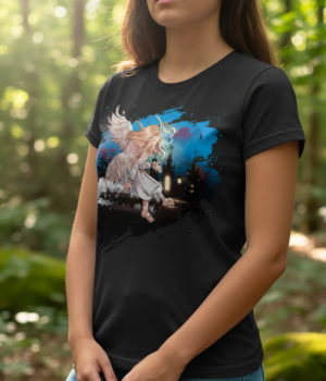 Originální tričko s autorskou ilustrací andílka sedícího na střeše domu, který pozoruje klidnou večerní Prahu a těší se na Vánoce. Jemný a kouzelný motiv plný ticha a očekávání.