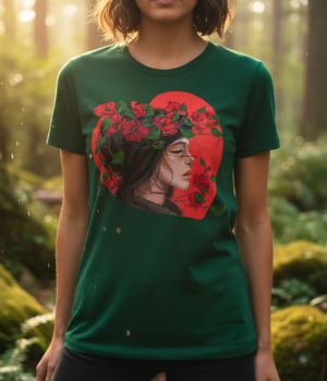 Originální tričko s autorskou ilustrací ženy obklopené velkým srdcem, s květinami ve vlasech. Jemný a harmonický motiv propojující ženskou energii, přírodu a vnitřní sílu.