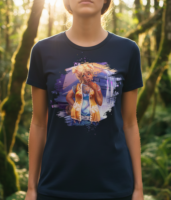 Originální tričko s autorskou ilustrací mladé dívky stojící ve městě, obklopené ruchem náměstí a nákupního centra. Jemný motiv zachycující kontrast mezi vnějším světem a vnitřním prožíváním.